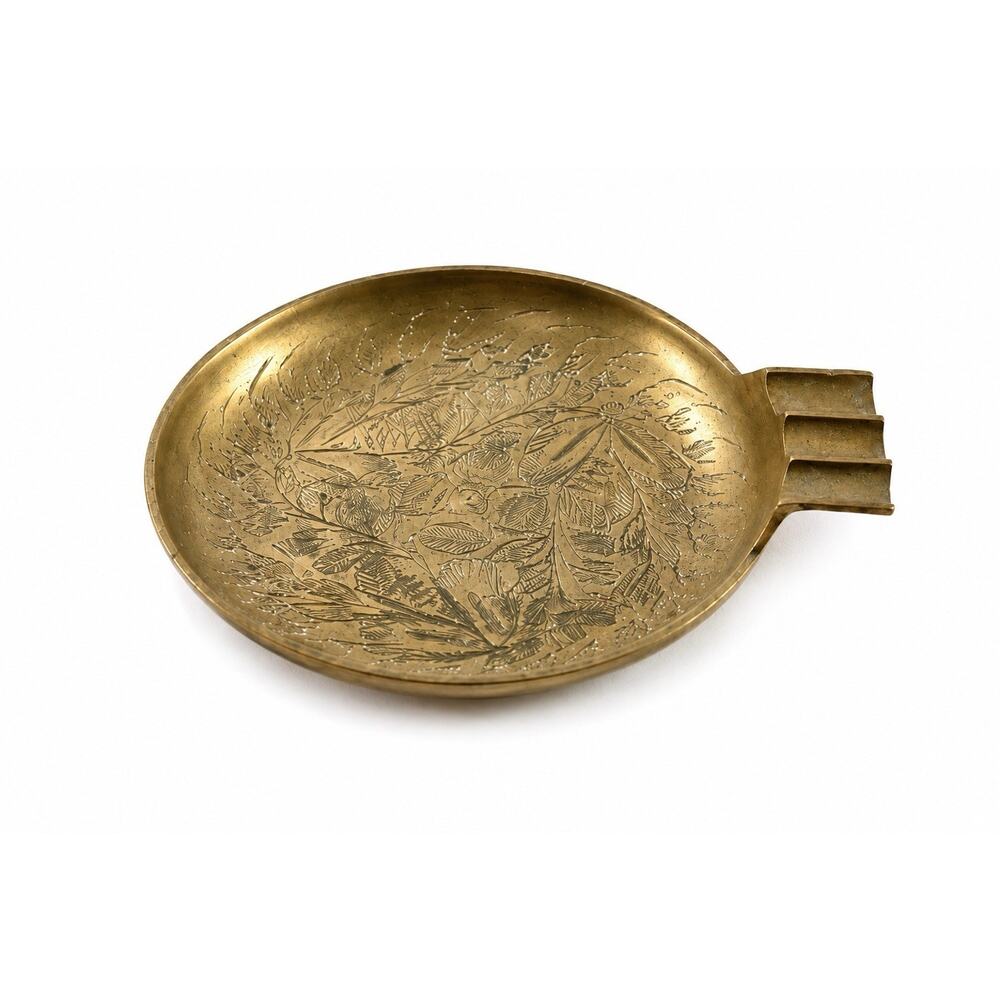 Vintage India Brass Ashtray Engraved Floral Round Cigarette Rest 4” MCM